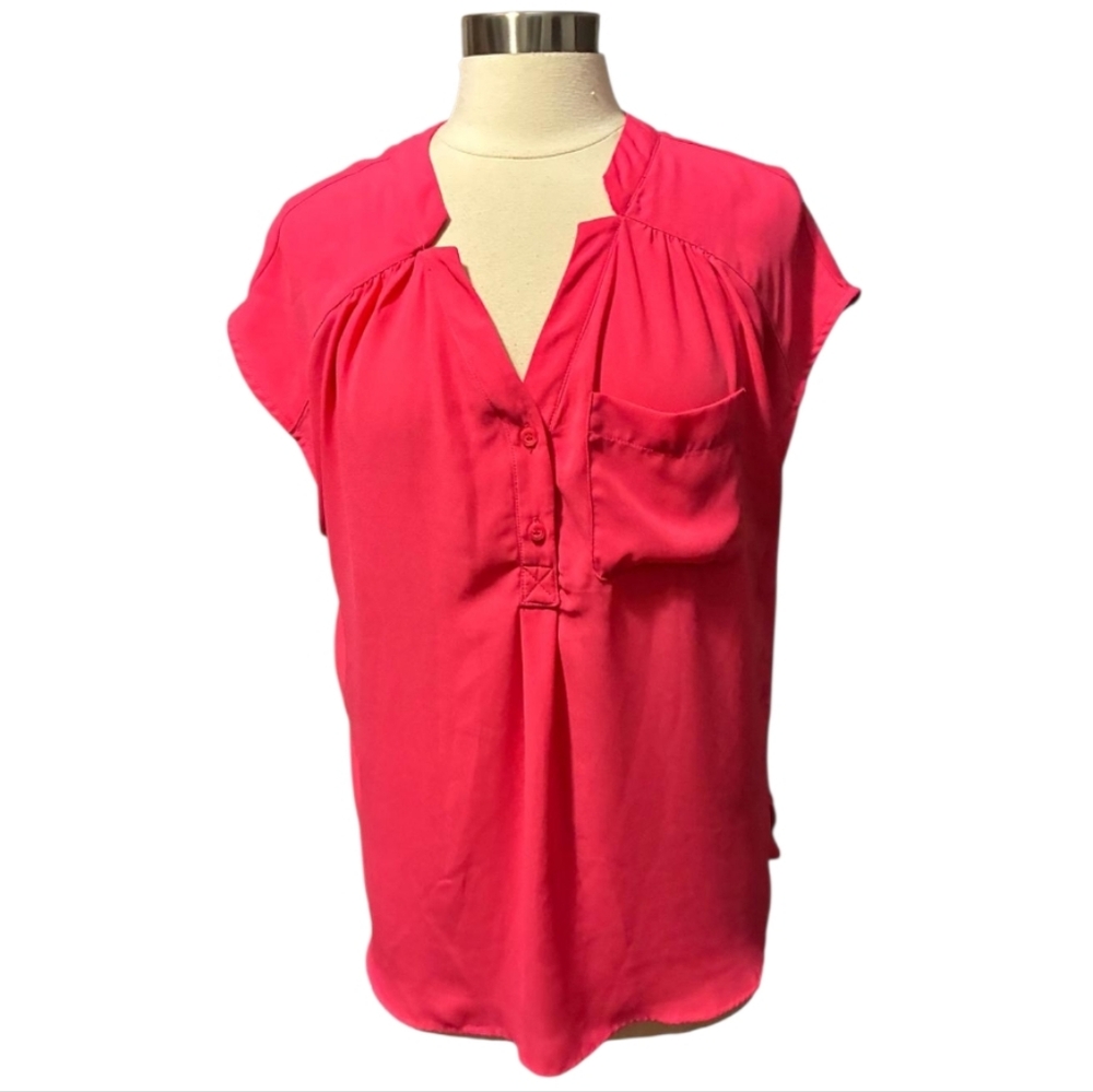 New York & Company Bright Pink Shortsleeve V Neck Blouse Size Large